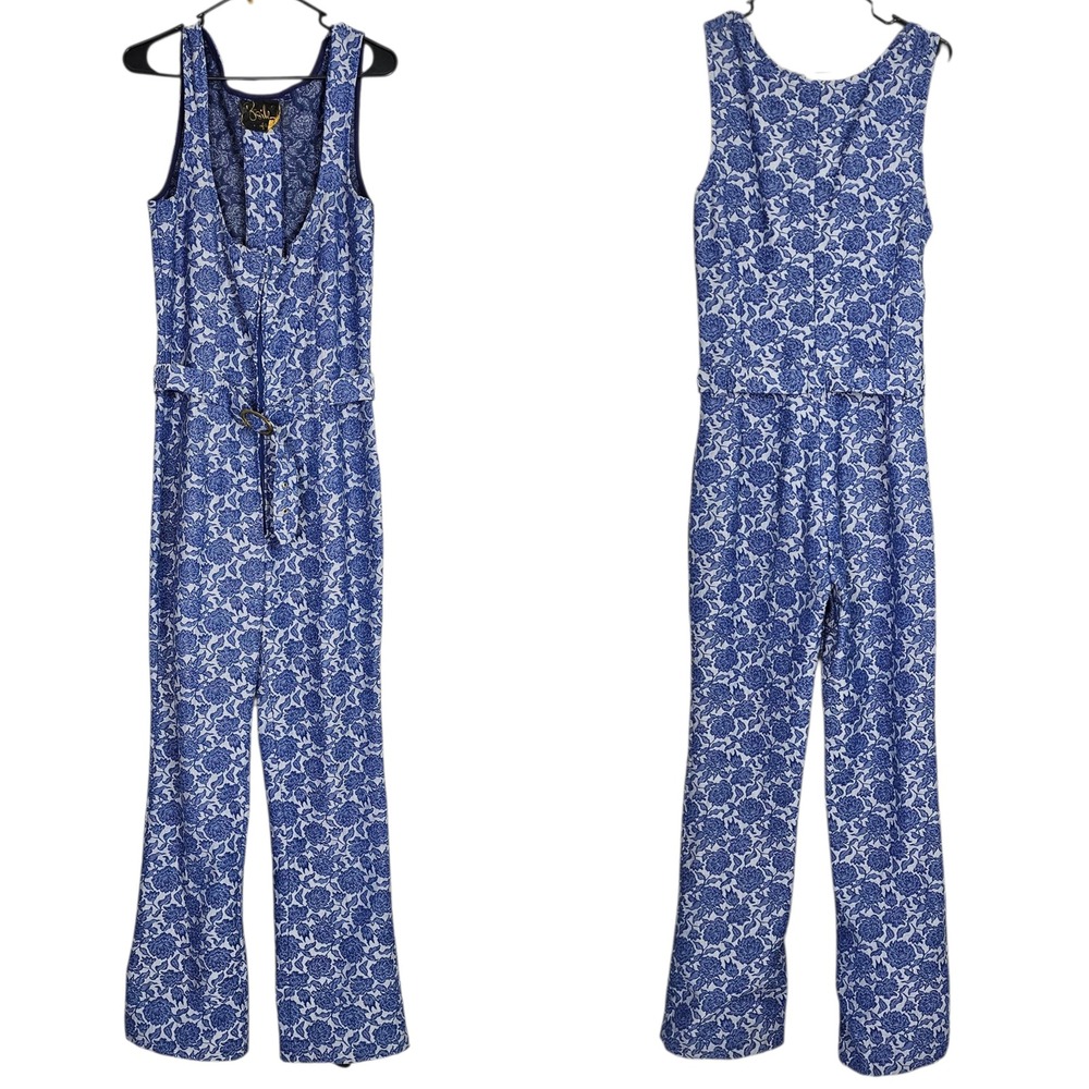 Vintage Rosilk of‎ Austria Jacquard Floral Jumpsuit Blue Sleeveless Wide Leg